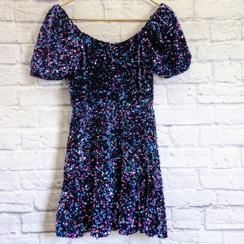 Zara Purple Blue Sequin Puff Sleeve Cocktail Dress - Picture 7 of 8